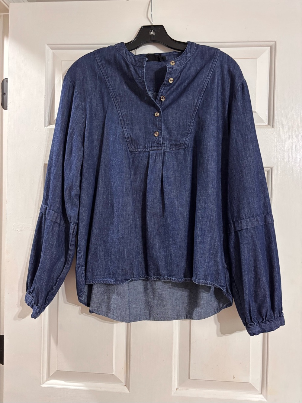 Monoprix Dark Denim Button-Front Peasant Blouse